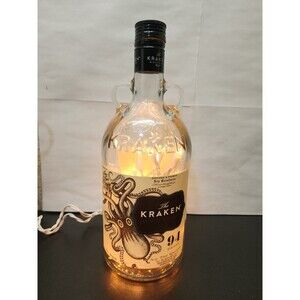 The Kraken Black Spiced Rum Empty Bottle 1.75 Liter Beige Label w/ Fairy Lights